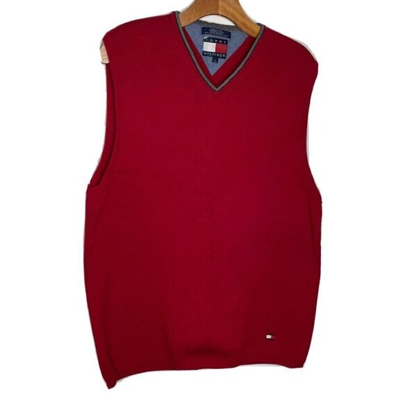 Tommy Hilfiger Red Knit Sweater Vest‎ V-Neck Mens Large Cotton Golf Preppy - Picture 1 of 4